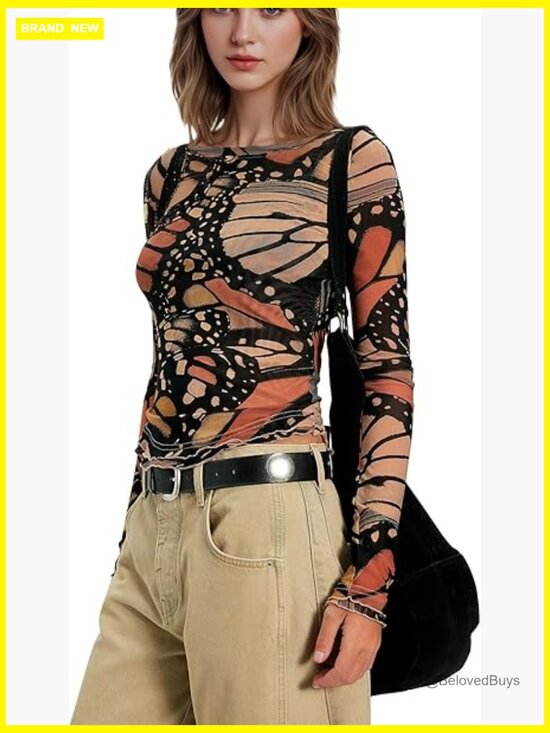 Tops - Floral Mesh Long Sleeve Crew Neck Slim Fit Tee Y2k Night Out Top
